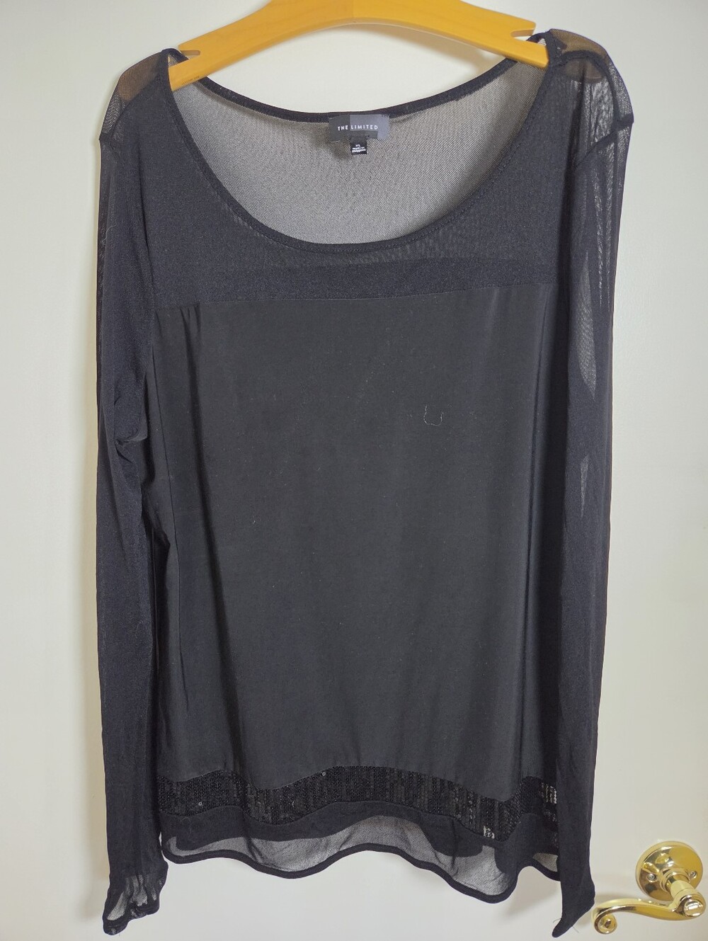 Limited Black Mesh Top XL Sheer Long Sleeve Sequin Trim Scoop Neck Goth Glam